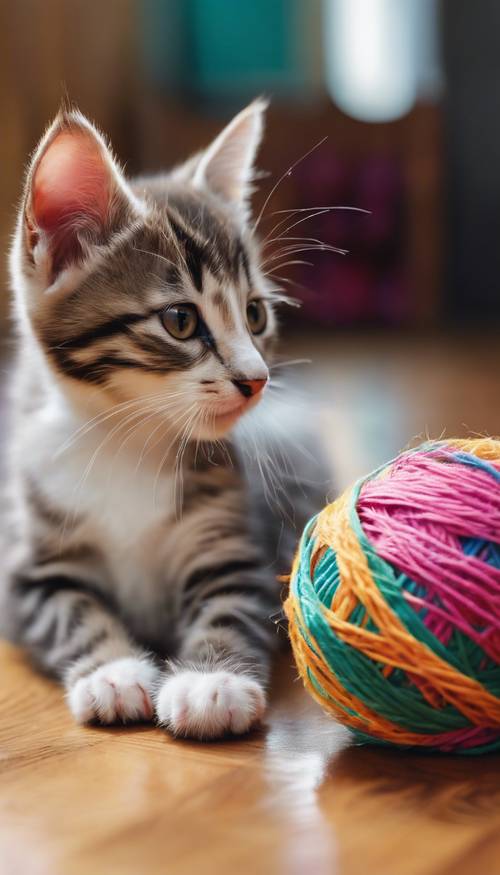חתלתול צעיר ורב-צבעים מביט בסקרנות בכדורי חוט בצבעים עזים על רצפת עץ.