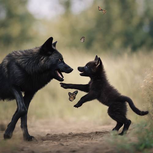A playful black wolf cub pawing at a butterfly in mid-flight.