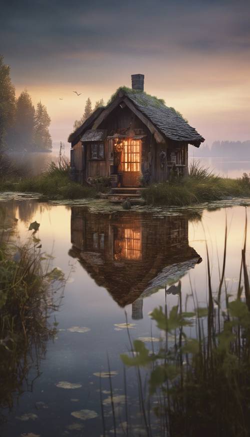 A quaint, rustic witch's hut by a shimmering lake at dawn.