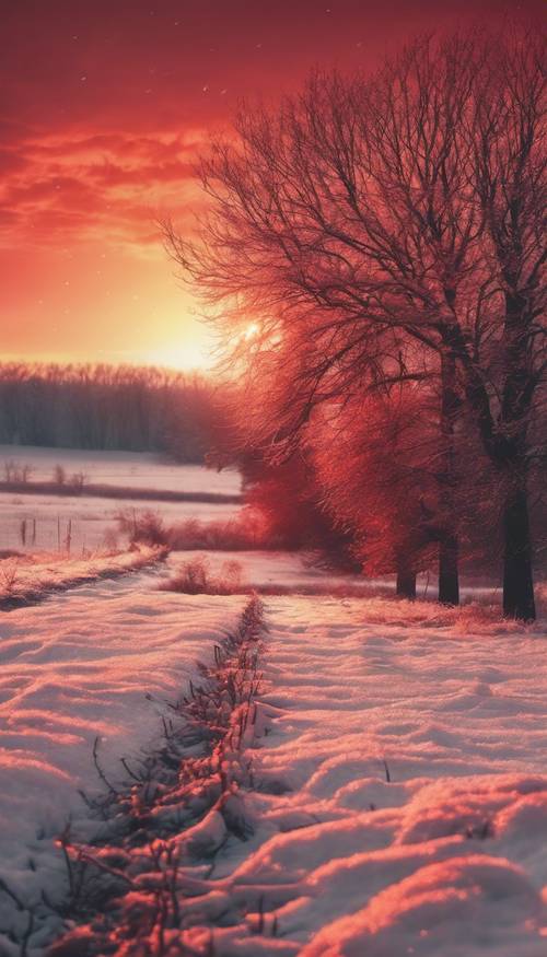 Krajobraz w stylu sztuki cyfrowej przedstawiający czerwony wschód słońca nad zaśnieżonym polem.