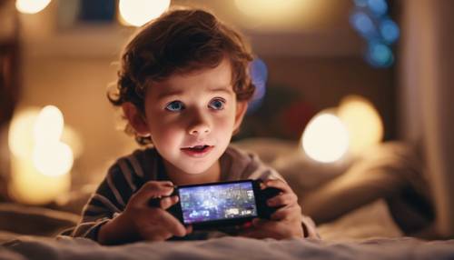A child's astonished face illuminated by the bright light of a handheld gaming device on a cozy evening. کاغذ دیواری [b78fb62b83fe4044ba8a]