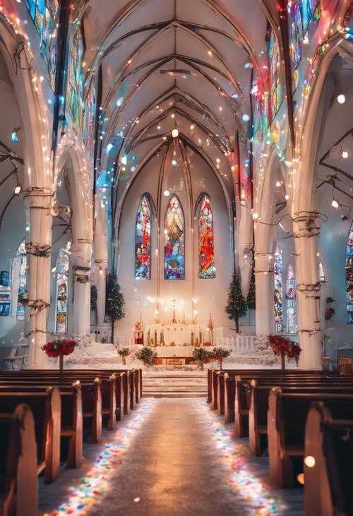 A snowy white church with stained glass windows awash in festive, colorful lights.