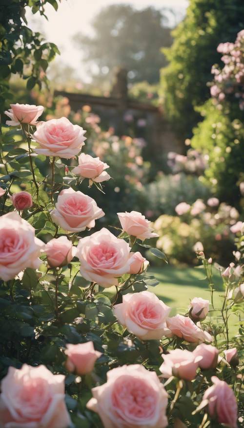גן ויקטוריאני באביב, מלא ורדים שופעים ורודים המתחממים באור הבוקר הבהיר.