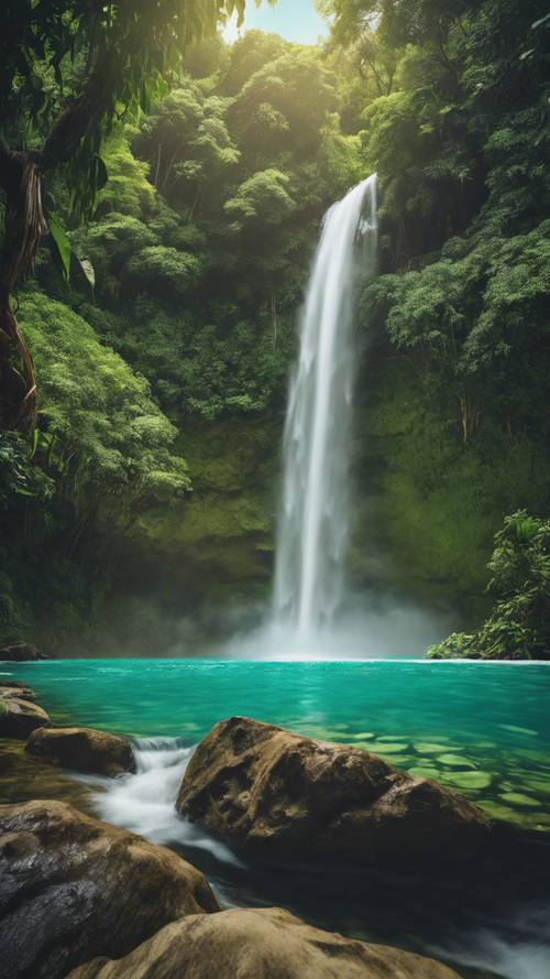 A magnificent rainbow arching gracefully over an exotic waterfall plunging into a serene turquoise pool amid a lush green rainforest.