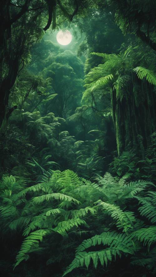 An exotic jungle teeming with verdant ferns, shaded under the generous canopy of tall ancient trees, painted in a pallet of cool green hues under the full moon.