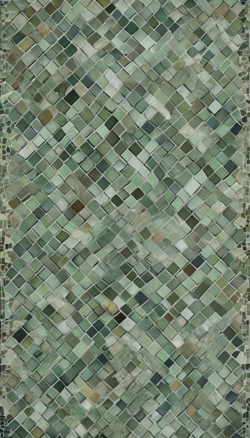 An intricate geometric mosaic tile pattern in shades of earthy sage green.