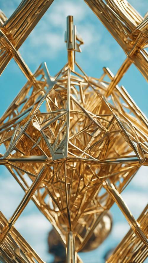 Pemandangan dari dekat patung geometris emas kompleks dengan latar belakang biru langit.
