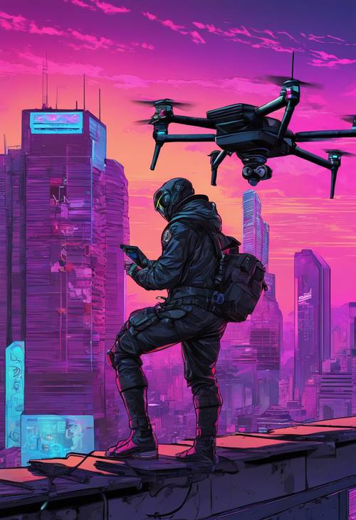 Un justicier cyberpunk déployant un drone depuis un toit.