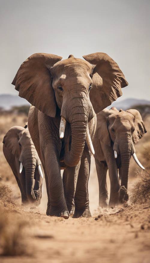 A magnificent elephants marching in a line through the dry lands of the African Savannah.