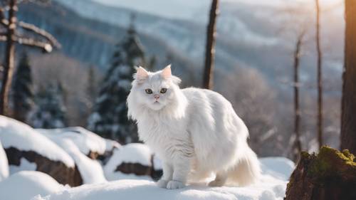 Uma cena de neve com um gato siberiano branco, com o pelo eriçado, em pé no toco de uma árvore, com vista para a floresta de pontas brancas do alto de uma montanha.