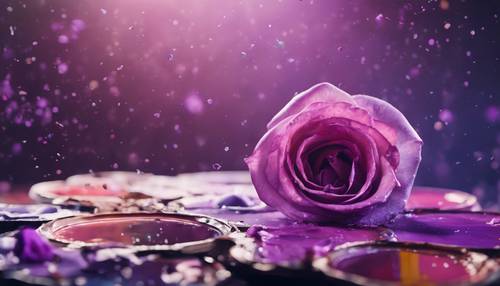 Palet pelukis dengan cipratan warna ungu, lukisan bunga mawar sedang terbentuk. Wallpaper [0c123f49223249378575]