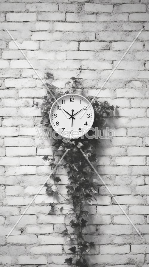 덩굴로 덮인 벽돌 벽에 있는 시대를 초월한 시계