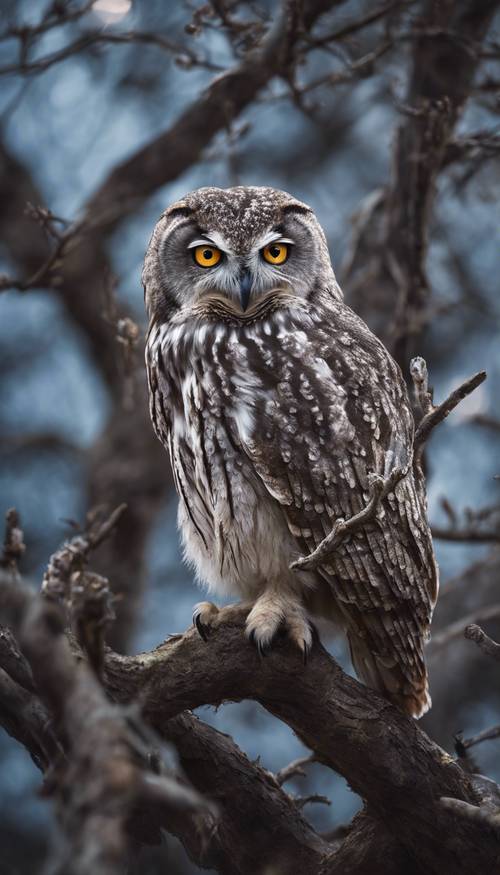 A solitary wise old owl perched on a gnarled branch, bathed in the silver light of a full moon.