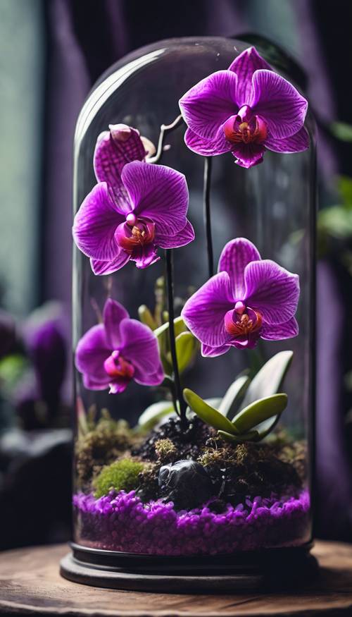 Una hermosa orquídea violeta con vetas negras, ubicada en un terrario de vidrio de estilo gótico.