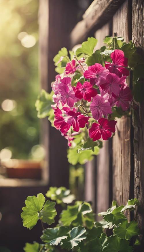 A beautifully lit image of an ivy geranium hanging on a wooden porch.
