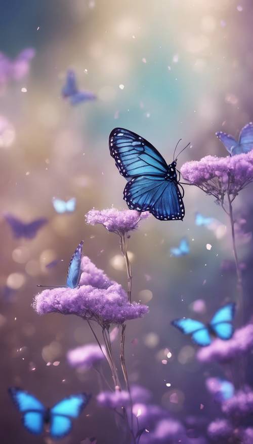 A flock of butterflies with gradient blue to purple wings, fluttering.