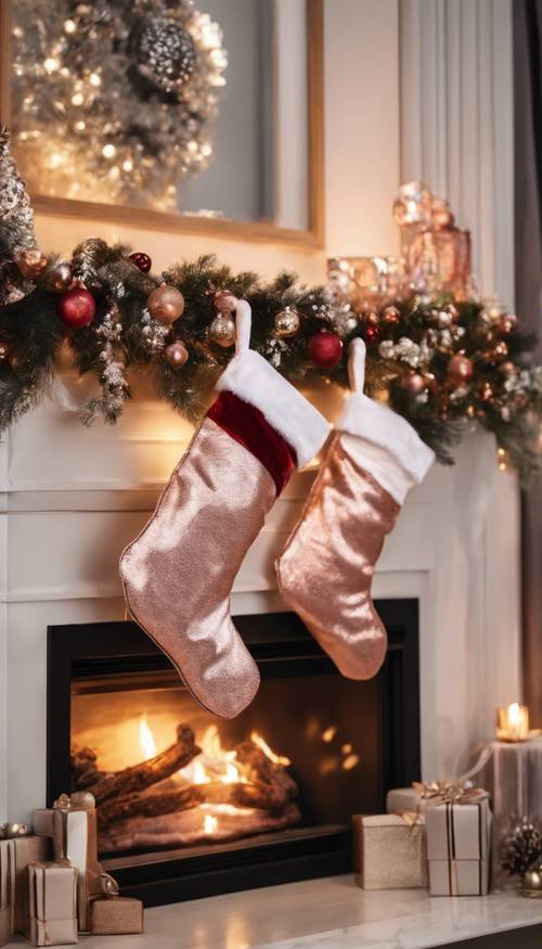 Meias de Natal de seda rosa dourada penduradas sobre a lareira aguardando o Papai Noel.