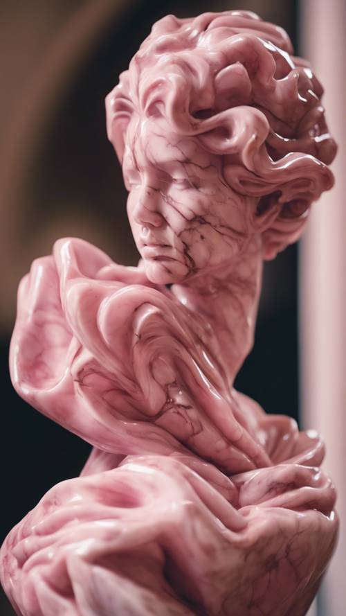 艺术画廊中抽象粉红色大理石雕塑的特写。