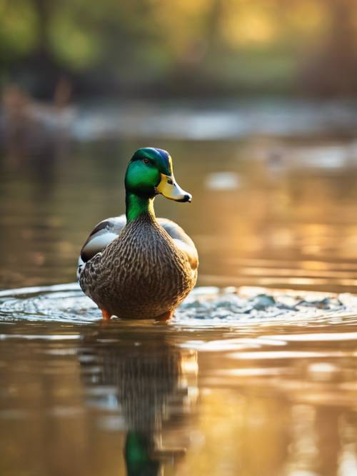 Seekor bebek mallard tampan dengan bulu kepala berwarna hijau cerah, mengarungi sungai yang tenang saat matahari terbit.