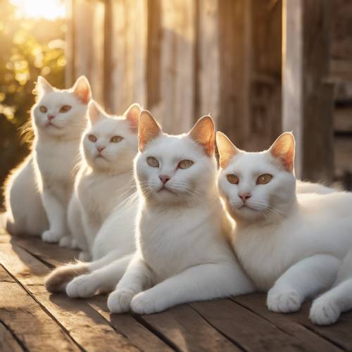 Sekelompok kucing putih dari berbagai usia dan ras, bersantai dengan lesu di teras kayu pedesaan, berjemur di bawah sinar keemasan matahari terbit di musim panas.