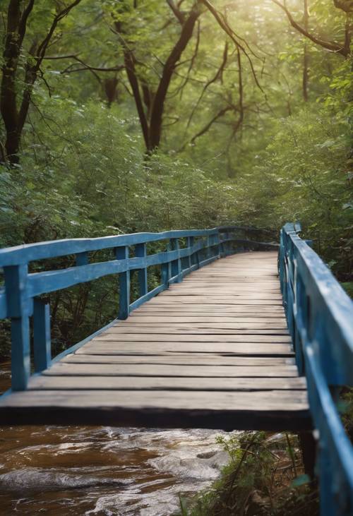 Выкрашенный в синий цвет деревянный пешеходный мост через журчащий ручей в лесу. Обои [66bcca27ba9c437faafb]