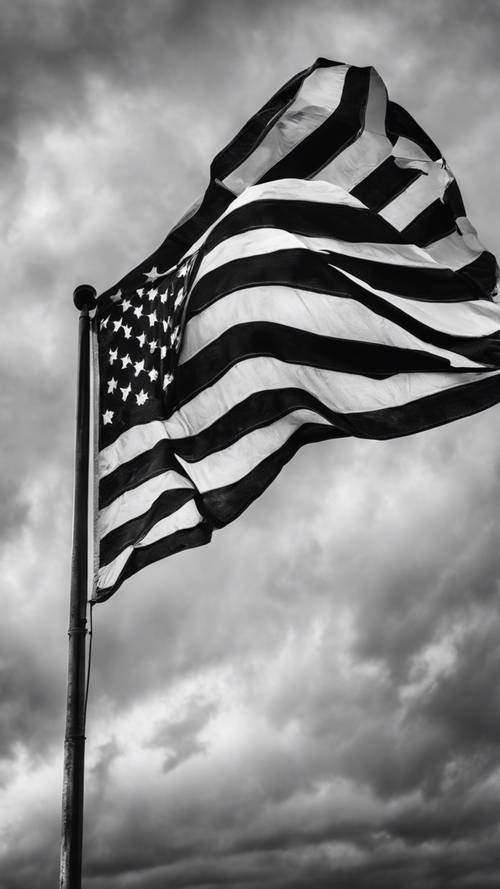 폭풍우가 몰아치는 하늘을 배경으로 펄럭이는 흑백 미국 국기.