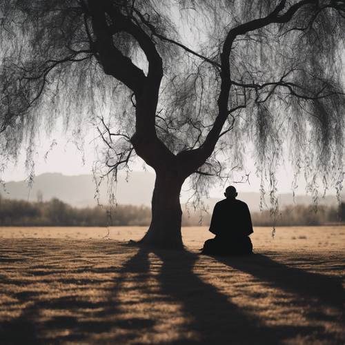 A spiritual journey with a silhouette of a monk meditating under a spooky black willow.