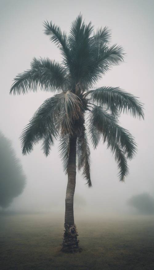 Una palmera aislada en una mañana brumosa, que parece mística y surrealista.