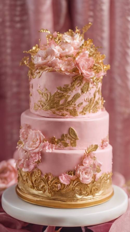 Um luxuoso bolo de aniversário rosa e dourado com detalhes em folhas de ouro comestíveis.