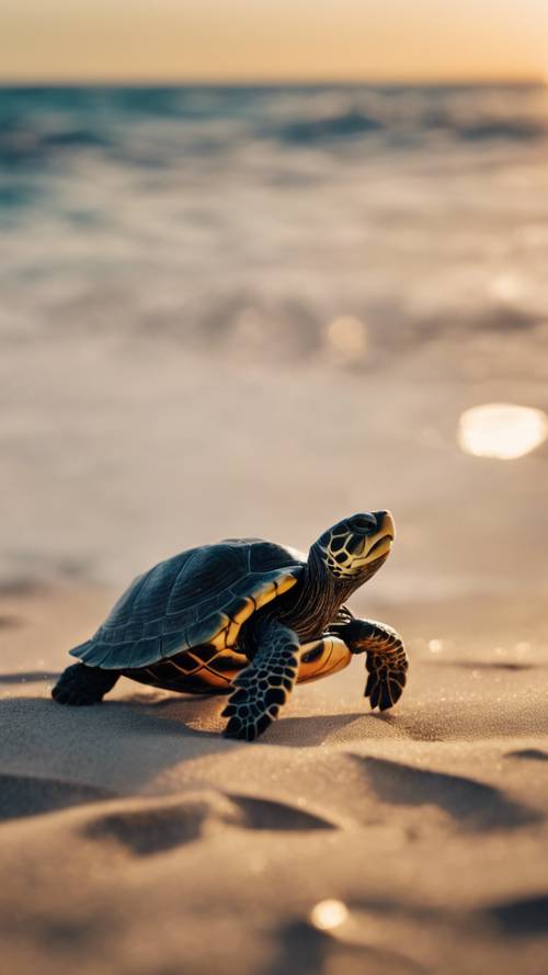 Uma cena de praia com um animado evento de soltura de filhotes de tartaruga acontecendo ao nascer do sol.