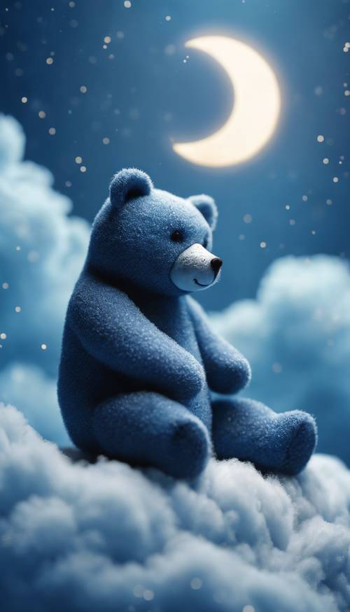 Seekor beruang biru kecil duduk dengan tenang di atas awan di langit yang diterangi cahaya bulan.