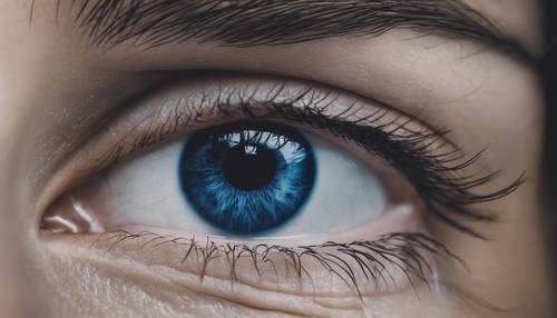Uma visão aproximada de um olho azul marinho com um toque de mistério