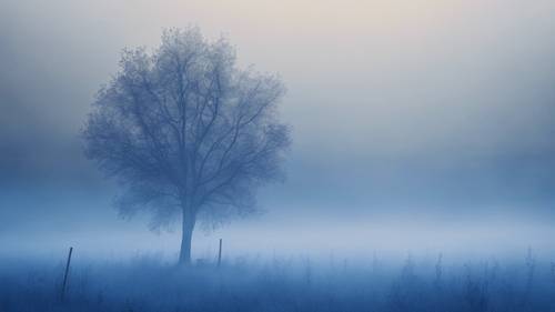 Une plaine vide bleu cobalt enveloppée d’un mystérieux brouillard.
