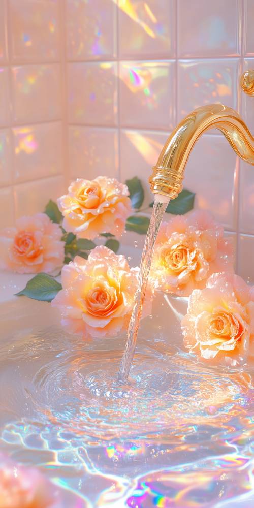 Un robinet doré verse de l&#39;eau sur des roses roses au soleil