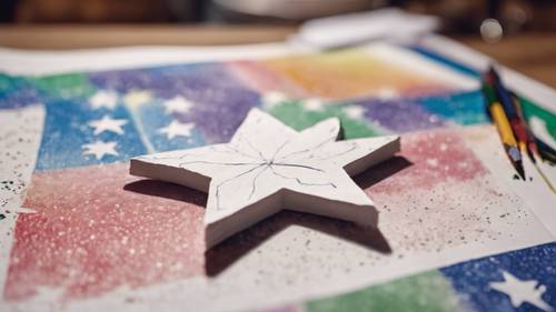 Белая звезда, нарисованная детским карандашом на бумажной подставке для столовых приборов в ресторане.