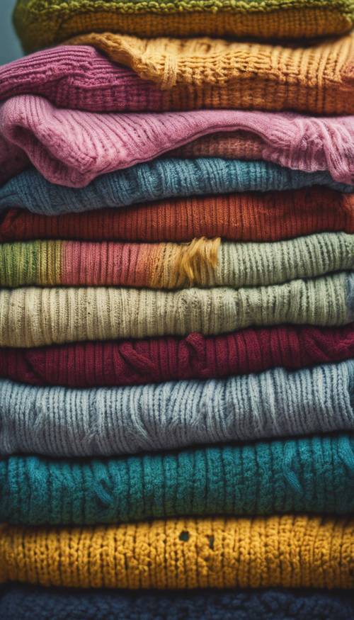 一堆顏色各異的學院派毛衣，依照彩虹的順序排列。