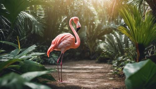 An elderly flamingo standing stoically among tropical foliage, exuding wisdom and serenity.