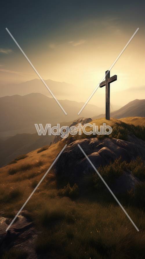 Закатный крест на фоне горы