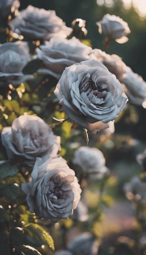 A charming English garden teeming with gray roses, under a twilight grayish sky.