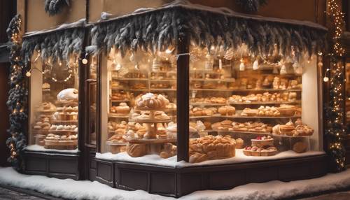 Uma charmosa vitrine de uma padaria, decorada com bolos e biscoitos temáticos de Natal, vidros foscos e luzes quentes no interior.