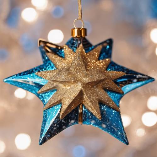 A close-up of a Y2K shiny star ornament.