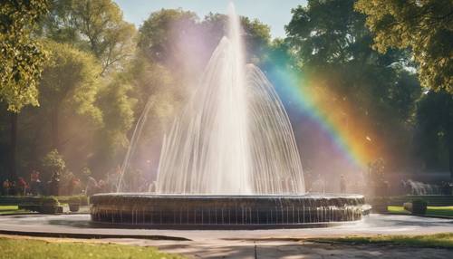 陽光明媚的日子，彩虹穿過城市公園噴泉的薄霧折射。