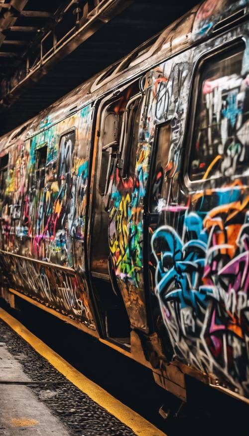 A graffiti-covered train rushing through the subways of New York, showcasing the contrast between the pitch-black tunnel and the vibrant, edgy graffiti.