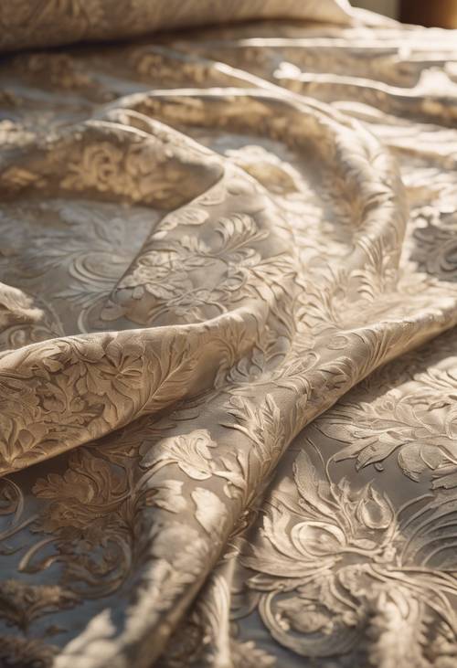 An early morning scene with sunlight illuminating the pattern on an antique damask bedcover.