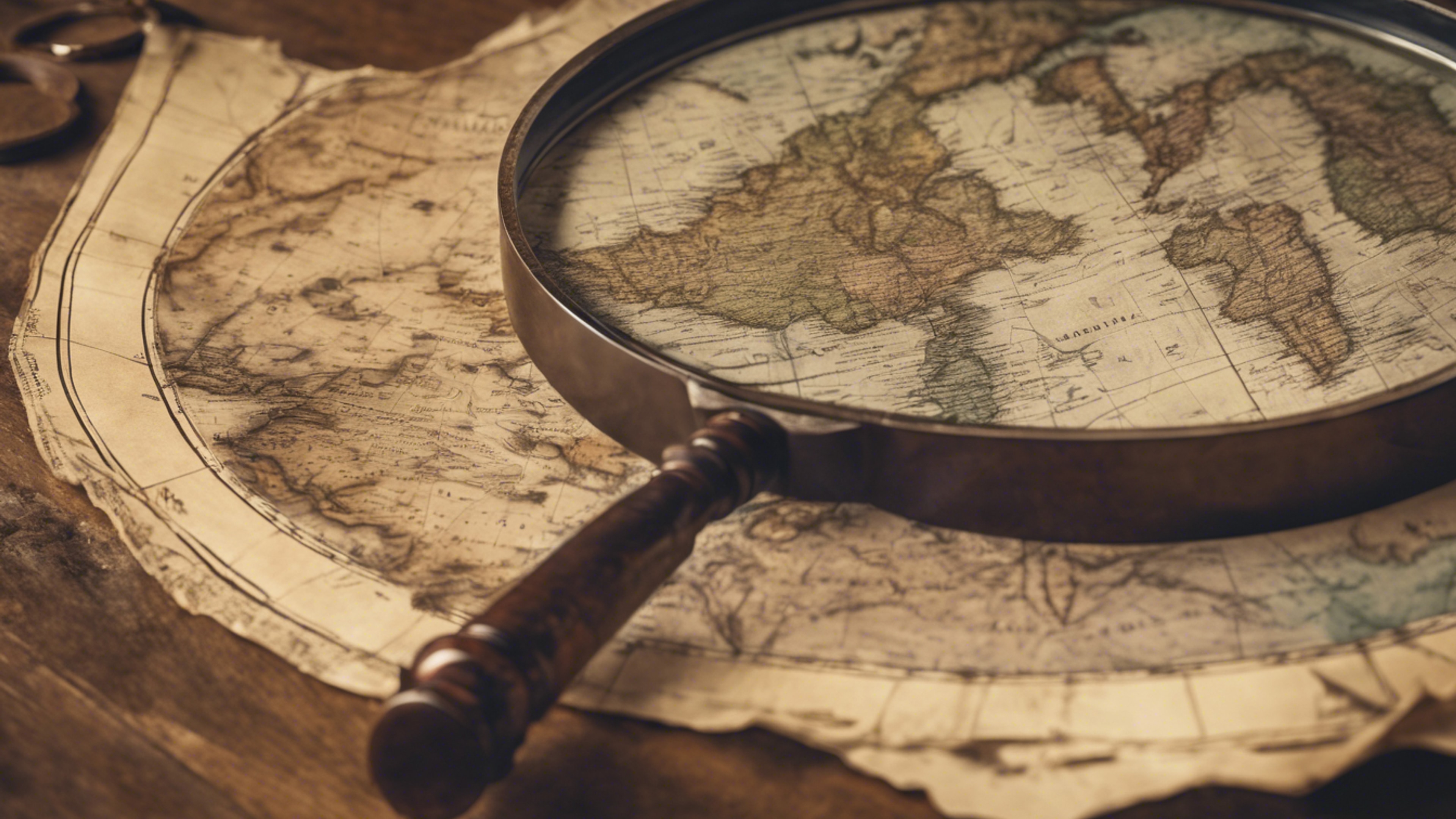 A vintage old world map spread out on a rustic wooden table next to an aged magnifying glass. Wallpaper[6aafbb7c0b9d49aab389]