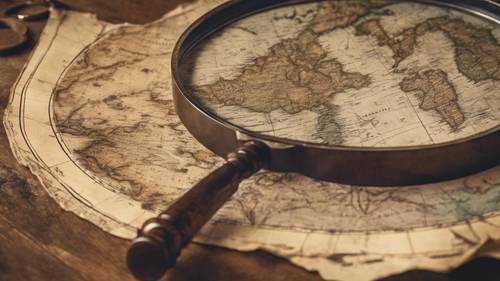 A vintage old world map spread out on a rustic wooden table next to an aged magnifying glass.