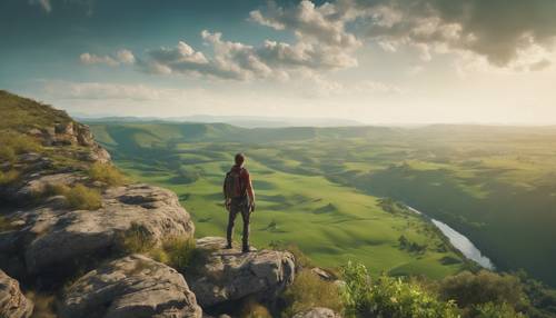An adventurous hiker standing at the edge of a cliff overlooking a green valley.