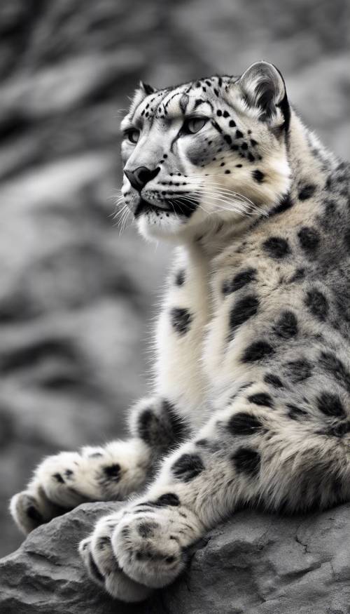 A black and white photo of a majestic snow leopard resting on a rocky mountain cliff.