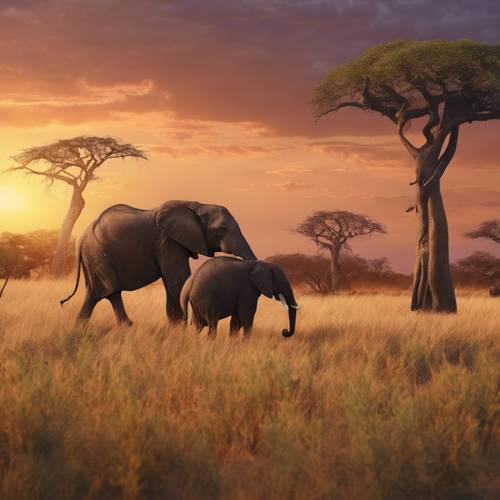 Padang rumput Afrika di bawah matahari terbenam yang beraneka warna, dengan siluet gajah dan baobab.