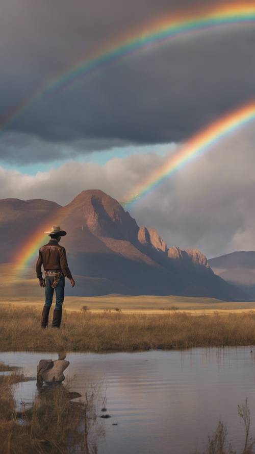 Um cowboy avistando o fim de um arco-íris, com montanhas altas ao fundo.